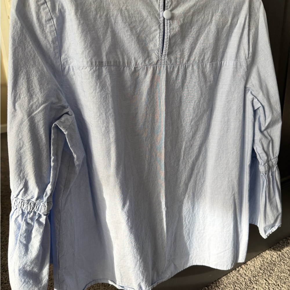 J.Crew Chambray Bell Sleeve Tie Top Light Blue Cotton Blouse Boho Preppy Size L - Picture 7 of 10